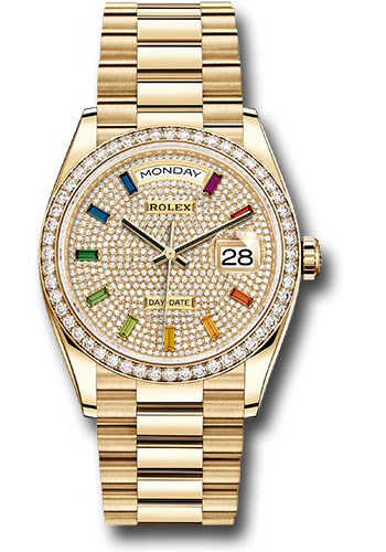olex Yellow Gold Day-Date 36 Watch - Diamond Bezel - Diamond-Paved Rainbow Sapphire Dial - President Bracelet