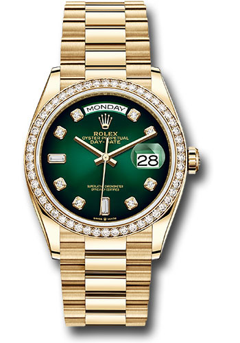 Rolex Yellow Gold Day-Date 36 Watch - Diamond Bezel - Green Ombre´ Diamond Dial - President Bracelet