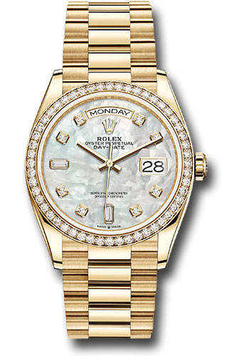 Rolex Yellow Gold Day-Date 36 Watch - Diamond Bezel - Mother-of-Pearl Diamond Dial - President Bracelet