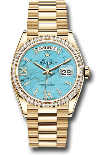 Rolex Yellow Gold Day-Date 36 Watch - Diamond Bezel - Turquoise Diamond Roman Dial - President Bracelet
