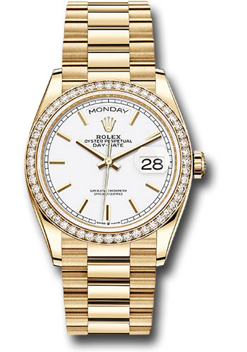 Rolex Yellow Gold Day-Date 36 Watch - Diamond Bezel - White Roman Dial - President Bracelet
