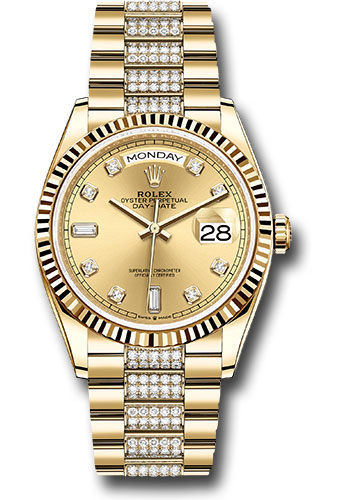 Rolex Yellow Gold Day-Date 36 Watch - Fluted Bezel - Champagne Diamond Dial - Diamond President Bracelet