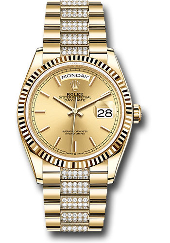 Rolex Yellow Gold Day-Date 36 Watch - Fluted Bezel - Champagne Index Dial - Diamond President Bracele