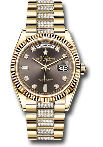 Rolex Yellow Gold Day-Date 36 Watch - Fluted Bezel - Dark Grey Diamond Dial - Diamond President Bracelet