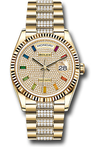 Rolex Yellow Gold Day-Date 36 Watch - Fluted Bezel - Diamond-Paved Dial - Diamond President Bracelet