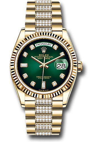 Rolex Yellow Gold Day-Date 36 Watch - Fluted Bezel - Green Ombré Diamond Dial - Diamond President Bracelet