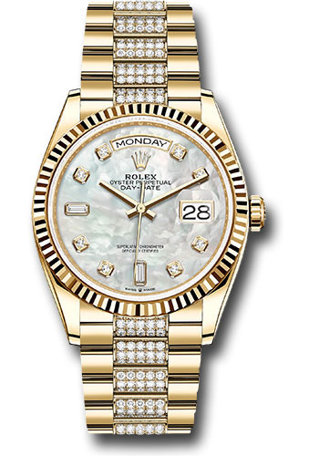 Rolex Yellow Gold Day-Date 36 Watch - Fluted Bezel - White Mother-Of-Pearl Diamond Dial - Diamond President Bracelet