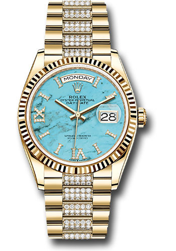 Rolex Yellow Gold Day-Date 36 Watch - Fluted Bezel - Turquoise Diamond Index Roman 9 Dial - Diamond President Bracelet