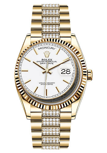 Rolex Yellow Gold Day-Date 36 Watch - Fluted Bezel - White Index Dial - Diamond President Bracelet