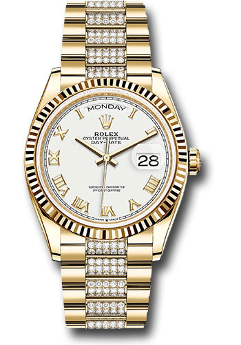 Rolex Yellow Gold Day-Date 36 Watch - Fluted Bezel - White Roman Dial - Diamond President Bracelet
