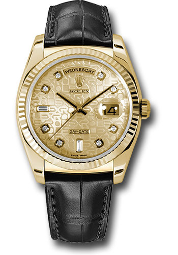 Rolex Rolex Yellow Gold Day-Date 36 Watch - Fluted Bezel - Champagne Jubilee Diamond Dial - Black Leather