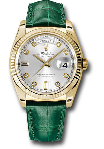 Rolex Yellow Gold Day-Date 36 Watch - Fluted Bezel - Silver Diamond Dial - Green Leather