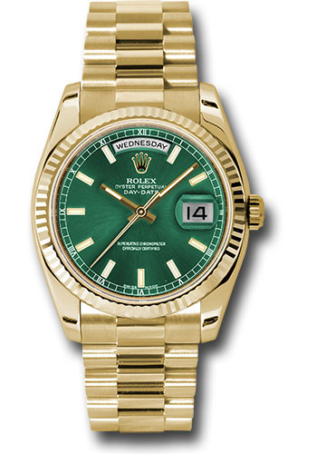 Rolex Yellow Gold Day-Date 36 Watch - Fluted Bezel - Green Index Dial - President Bracelet