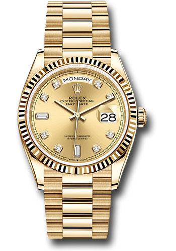 Rolex Yellow Gold Day-Date 36 Watch - Fluted Bezel - Champagne Diamond Dial - President Bracelet