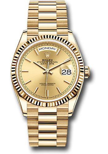 Rolex Yellow Gold Day-Date 36 Watch - Fluted Bezel - Champagne Index Dial - President Bracelet