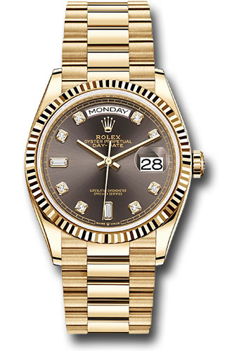 Rolex Yellow Gold Day-Date 36 Watch - Fluted Bezel - Dark Grey Diamond Dial - President Bracelet