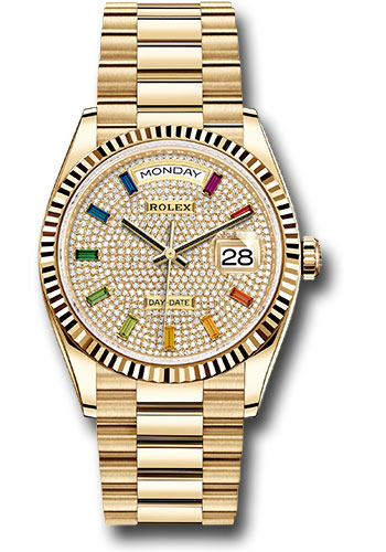 Rolex Yellow Gold Day-Date 36 Watch - Fluted Bezel - Diamond-Paved Rainbow Sapphire Dial - President Bracelet