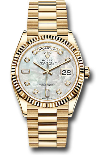 Rolex Yellow Gold Day-Date 36 Watch - Fluted Bezel - Mother-of-Pearl Diamond Dial - President Bracelet