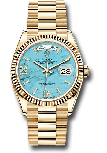 Rolex Yellow Gold Day-Date 36 Watch - Fluted Bezel - Turquoise Diamond Dial - President Bracelet