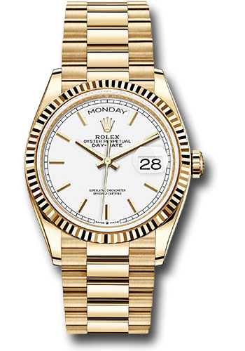 Rolex Yellow Gold Day-Date 36 Watch - Fluted Bezel - White Index Dial - President Bracelet