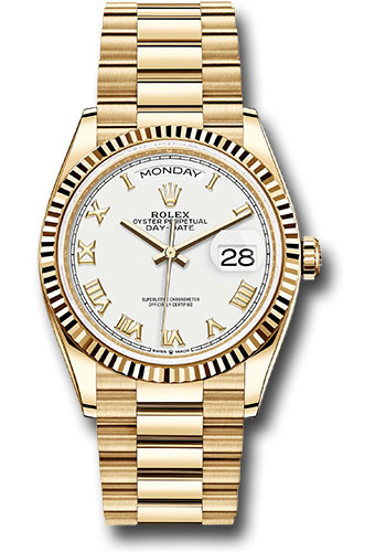 Rolex Yellow Gold Day-Date 36 Watch - Fluted Bezel - White Roman Dial - President Bracelet