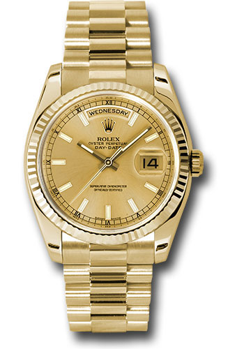 Rolex Yellow Gold Day-Date 36 Watch - Fluted Bezel - Champagne Index Dial - President Bracelet