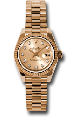 Rolex Pink Gold Lady-Datejust 26 Watch - Fluted Bezel - Pink Champagne Diamond Dial - President Bracelet