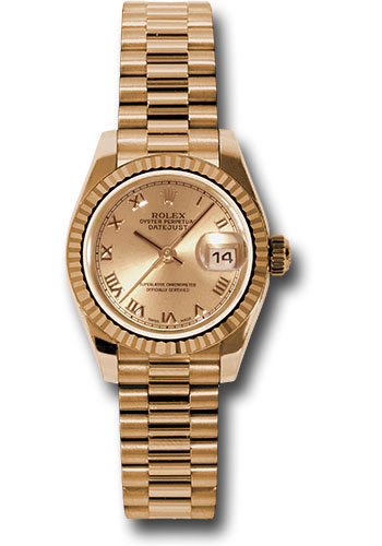 Rolex Pink Gold Lady-Datejust 26 Watch - Fluted Bezel - Champagne Roman Dial - President Bracelet