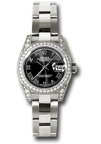 Rolex White Gold Lady-Datejust 26 Watch - 42 Diamond Bezel - Black Roman Dial - Oyster Bracelet
