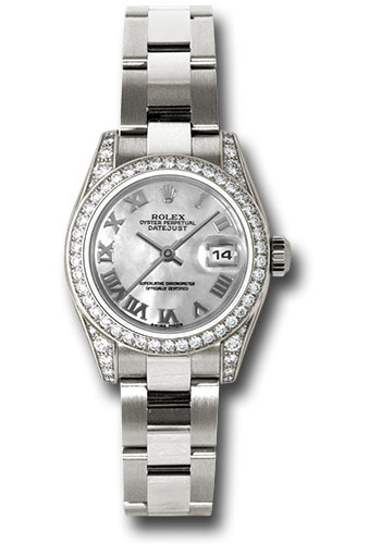 Rolex White Gold Lady-Datejust 26 Watch - 42 Diamond Bezel - Dark Mother-Of-Pearl Roman Dial - Oyster Bracelet