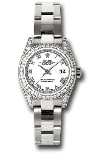 Rolex White Gold Lady-Datejust 26 Watch - 42 Diamond Bezel - White Roman Dial - Oyster Bracelet