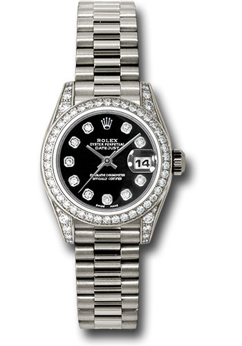 Rolex White Gold Lady-Datejust 26 Watch - 42 Diamond Bezel - Black Diamond Dial - President Bracelet