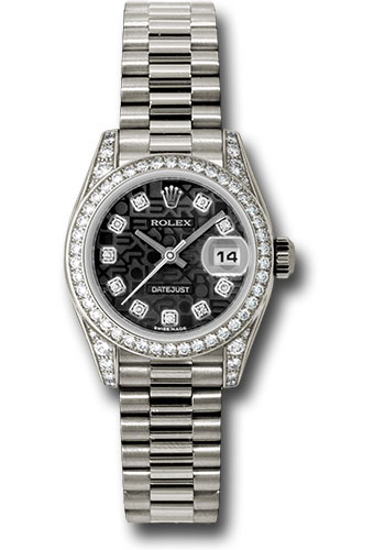Rolex White Gold Lady-Datejust 26 Watch - 42 Diamond Bezel - Black Jubilee Diamond Dial - President Bracelet