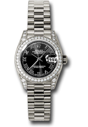 Rolex White Gold Lady-Datejust 26 Watch - 42 Diamond Bezel - Black Roman Dial - President Bracelet