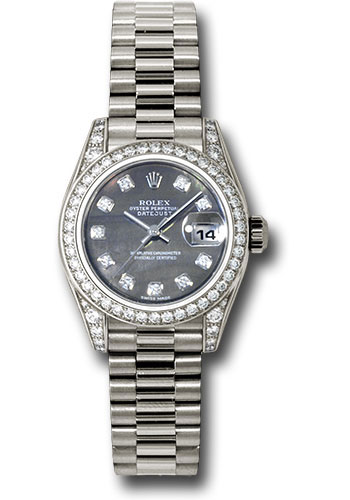 Rolex White Gold Lady-Datejust 26 Watch - 42 Diamond Bezel - Dark Mother-Of-Pearl Diamond Dial - President Bracelet