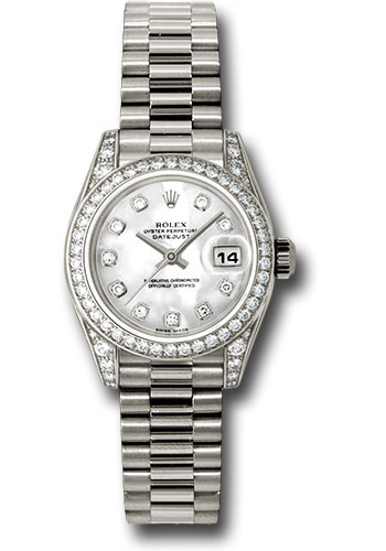 Rolex White Gold Lady-Datejust 26 Watch - 42 Diamond Bezel - Mother-Of-Pearl Diamond Dial - President Bracelet
