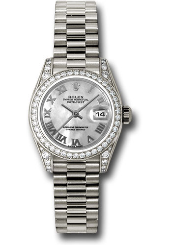Rolex White Gold Lady-Datejust 26 Watch - 42 Diamond Bezel - Mother-Of-Pearl Roman Dial - President Bracelet
