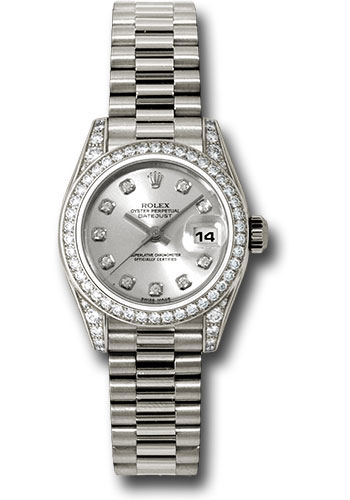 Rolex White Gold Lady-Datejust 26 Watch - 42 Diamond Bezel - Silver Diamond Dial - President Bracelet