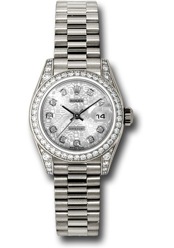 Rolex White Gold Lady-Datejust 26 Watch - 42 Diamond Bezel - Silver Jubilee Diamond Dial - President Bracelet