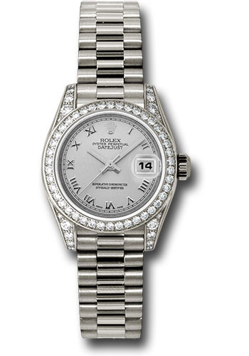Rolex White Gold Lady-Datejust 26 Watch - 42 Diamond Bezel - Silver Roman Dial - President Bracelet