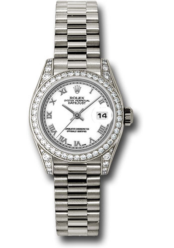 Rolex White Gold Lady-Datejust 26 Watch - 42 Diamond Bezel - White Roman Dial - President Bracelet