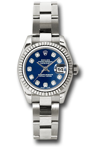 Rolex White Gold Lady-Datejust 26 Watch - Fluted Bezel - Blue Diamond Dial - Oyster Bracelet