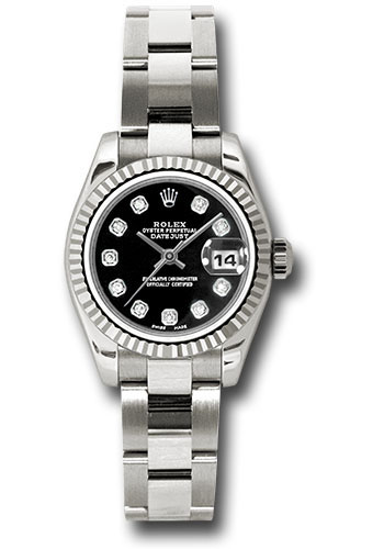 Rolex White Gold Lady-Datejust 26 Watch - Fluted Bezel - Black Diamond Dial - Oyster Bracelet