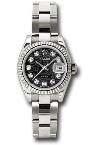 Rolex White Gold Lady-Datejust 26 Watch - Fluted Bezel - Black Jubilee Diamond Dial - Oyster Bracelet