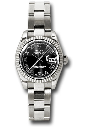 Rolex White Gold Lady-Datejust 26 Watch - Fluted Bezel - Black Roman Dial - Oyster Bracelet