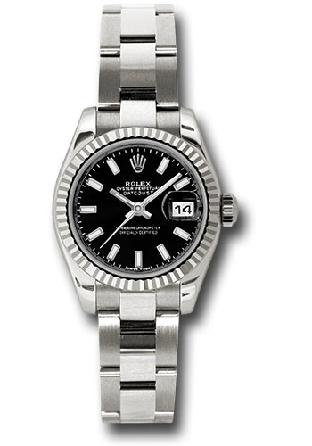 Rolex White Gold Lady-Datejust 26 Watch - Fluted Bezel - Black Index Dial - Oyster Bracelet
