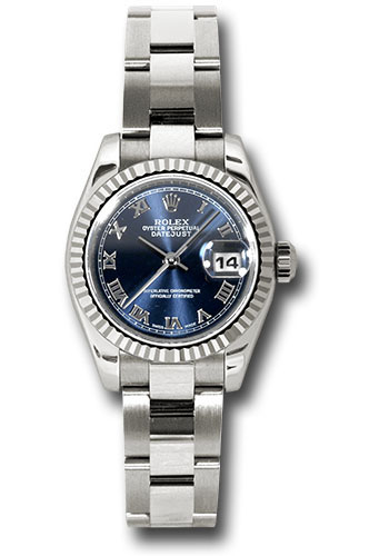 Rolex White Gold Lady-Datejust 26 Watch - Fluted Bezel - Blue Roman Dial - Oyster Bracelet