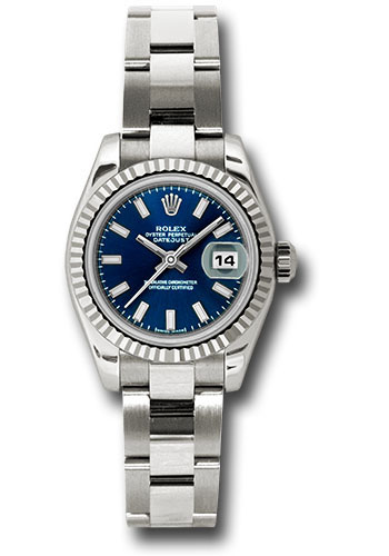 Rolex White Gold Lady-Datejust 26 Watch - Fluted Bezel - Blue Index Dial - Oyster Bracelet