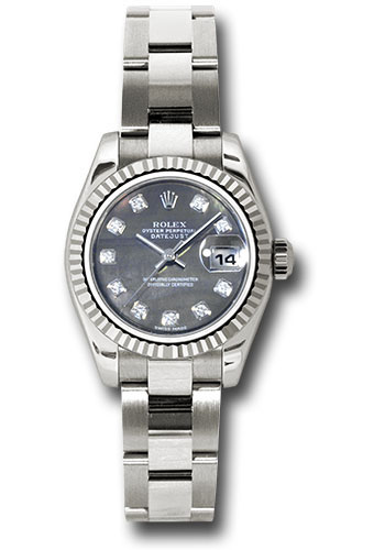 Rolex White Gold Lady-Datejust 26 Watch - Fluted Bezel - Black Mother-Of-Pearl Diamond Dial - Oyster Bracelet