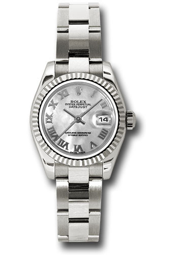 Rolex White Gold Lady-Datejust 26 Watch - Fluted Bezel - Mother-Of-Pearl Roman Dial - Oyster Bracelet
